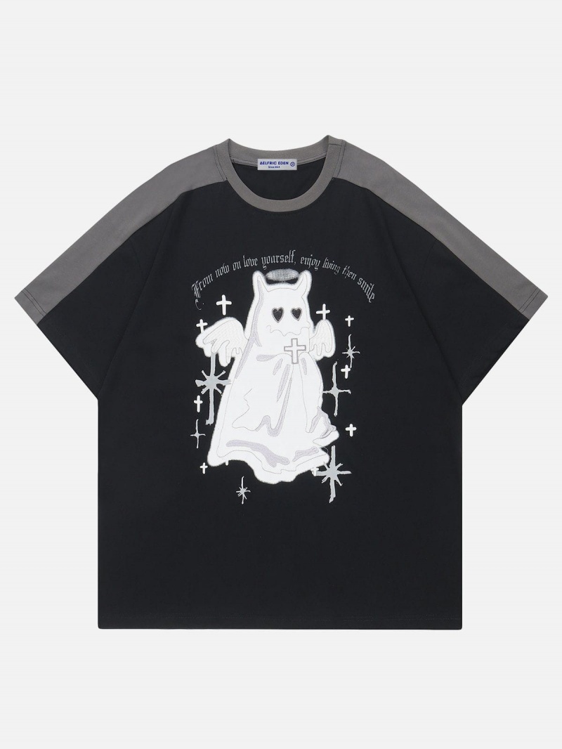 Kaki  T Shirts Aelfric Eden Embroidery Cartoon Ghost Tee - DEB-4810620